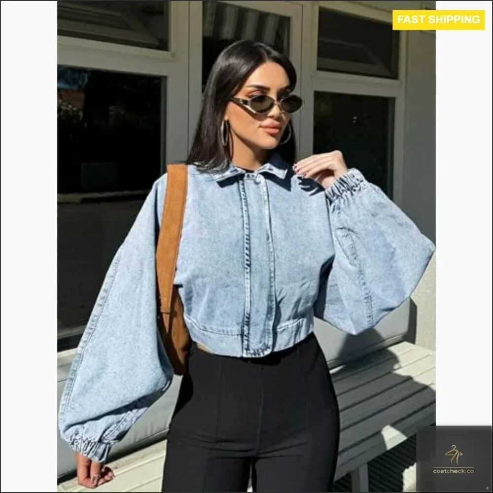 Oversized Cropped Denim Jacket Zip Up Bomber Shacket Light Wash